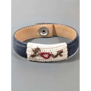 Boho Blue Faux Suede Embroidered Love Snap Cuff Bracelet 7.5"